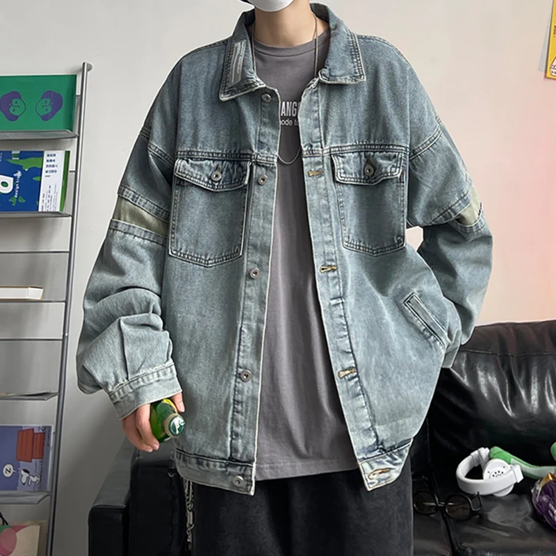 Herren Lässige Denimjacke mit tiefem Kragen Drune