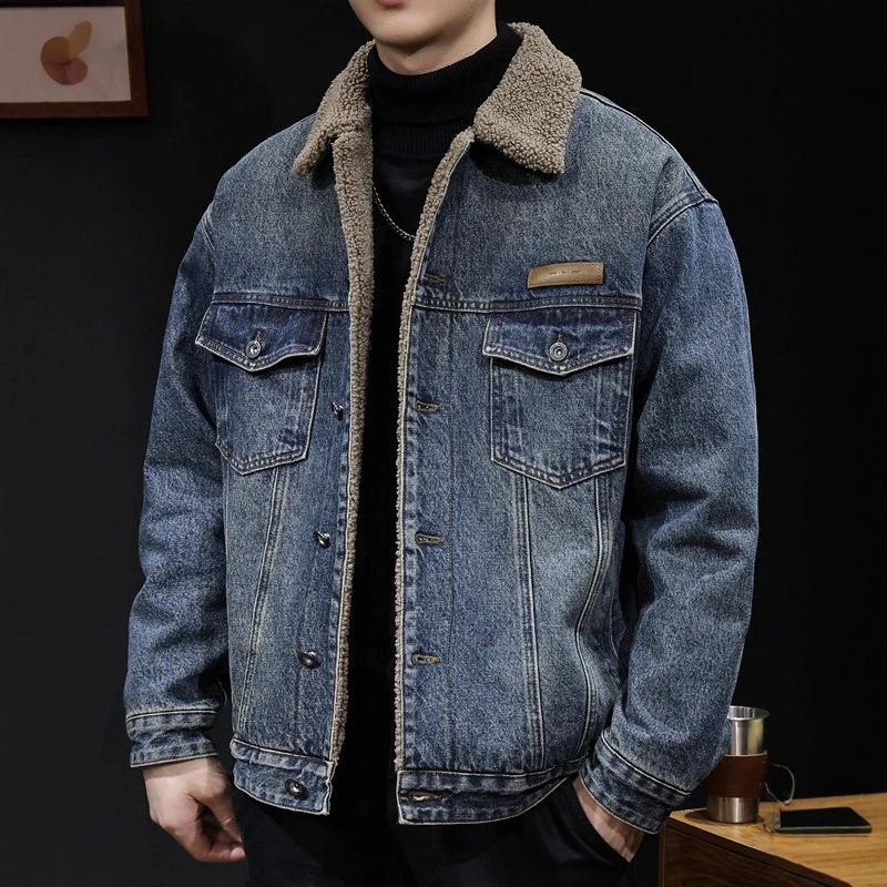 Herren Lässige Denimjacke mit Teddy-Futter Drune