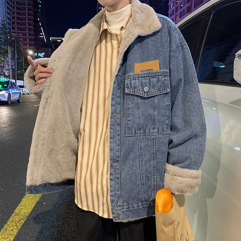 Herren Lässige Denimjacke mit Kunstfellkragen Drune