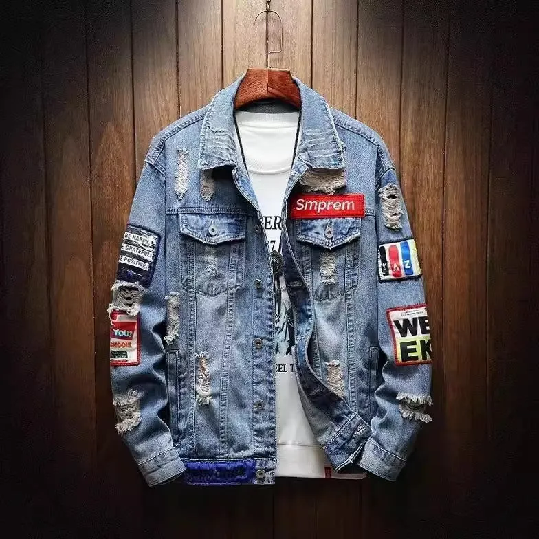Herren Lässige Denimjacke mit kreativen Applikationen Drune