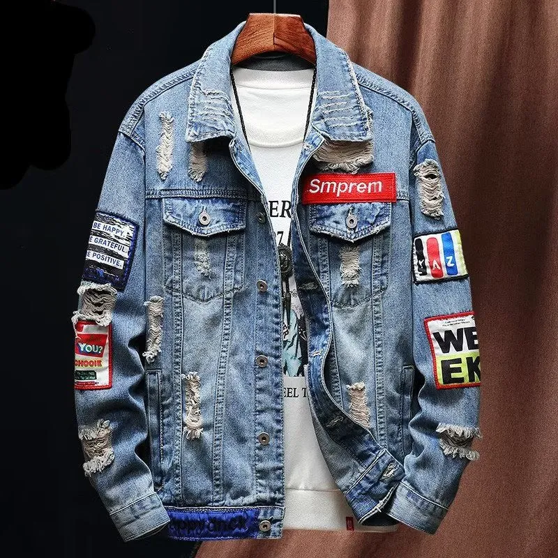 Herren Lässige Denimjacke mit kreativen Applikationen Drune