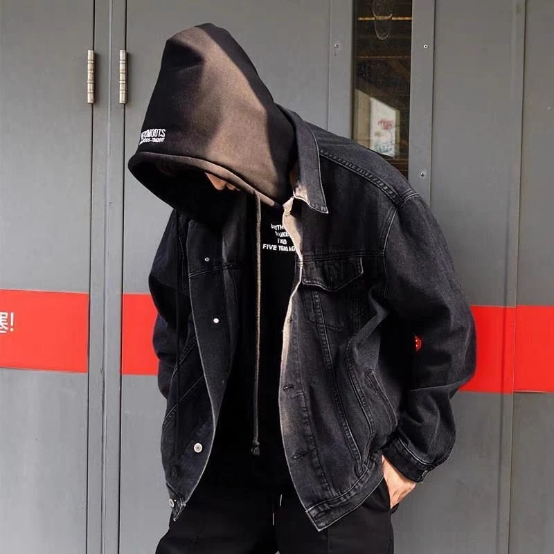 Herren Lässige Denimjacke mit Kapuze Drune