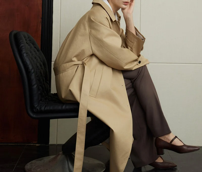 Damen elegante Trenchjacke mit Taillengürtel Drune
