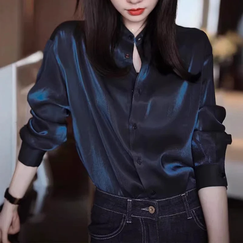 Damen Elegante satinierte Bluse mit Stehkragen Drune