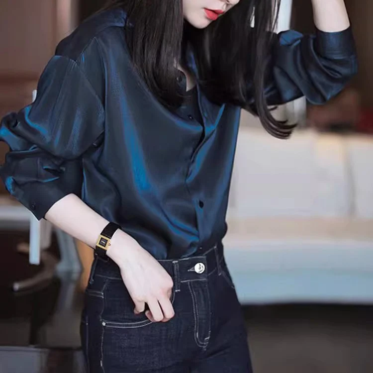 Damen Elegante satinierte Bluse mit Stehkragen Drune