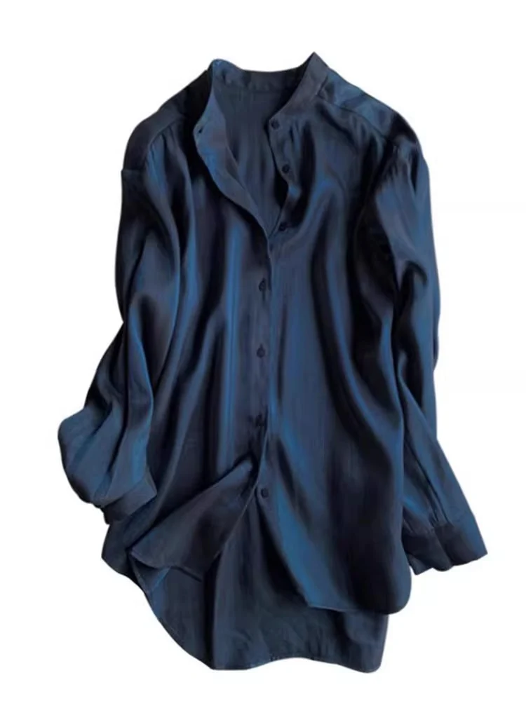 Damen Elegante satinierte Bluse mit Stehkragen Drune