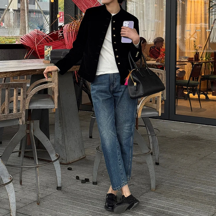 Damen Elegante Samtjacke mit Knopfleiste Drune
