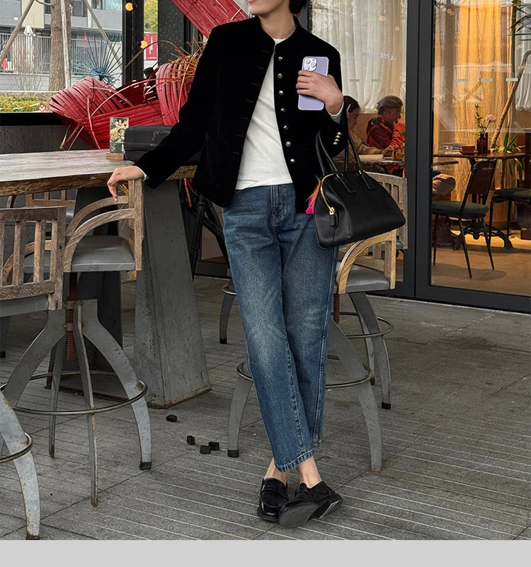 Damen Elegante Samtjacke mit Knopfleiste Drune