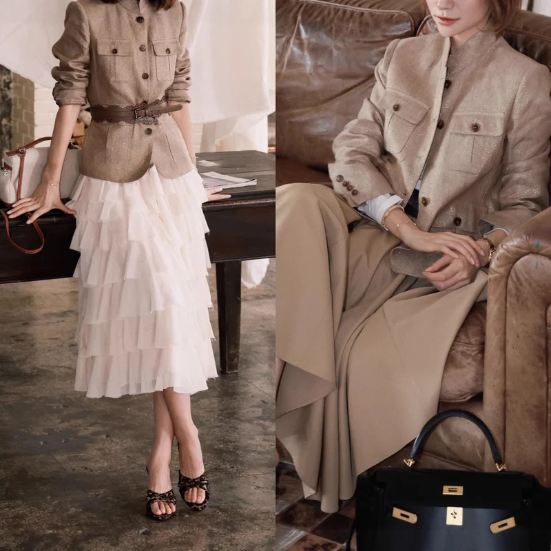 Damen Elegante Leinenjacke mit Taillengürtel Drune