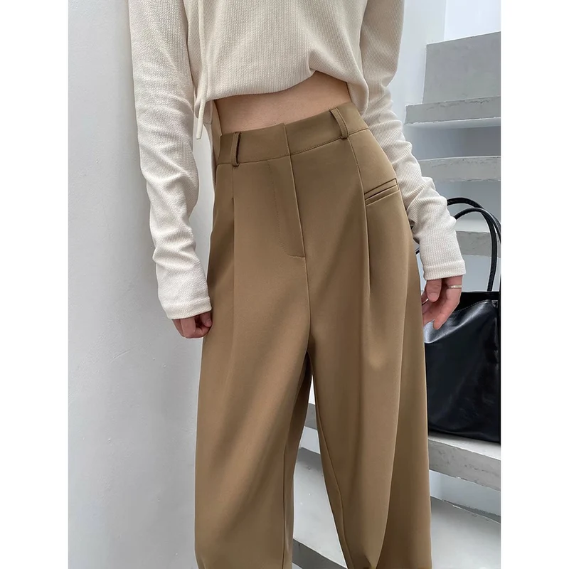 Damen Hochtaillierte Tailored-Hose mit weitem Bein, Bundfalten und Ziertasche Drune