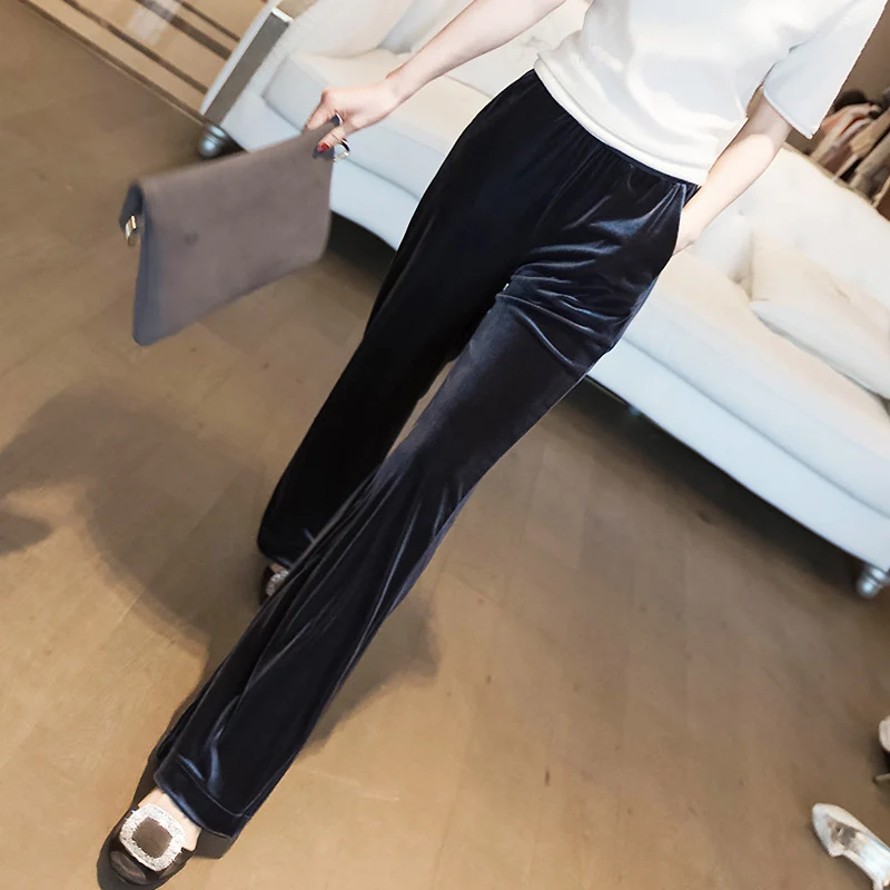 Damen Hochtaillierte Samt-Hose mit weitem Bein und elastischem Komfortbund Drune