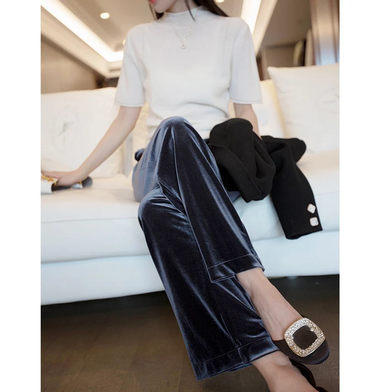 Damen Hochtaillierte Samt-Hose mit weitem Bein und elastischem Komfortbund Drune