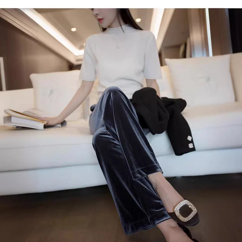 Damen Hochtaillierte Samt-Hose mit weitem Bein und elastischem Komfortbund Drune