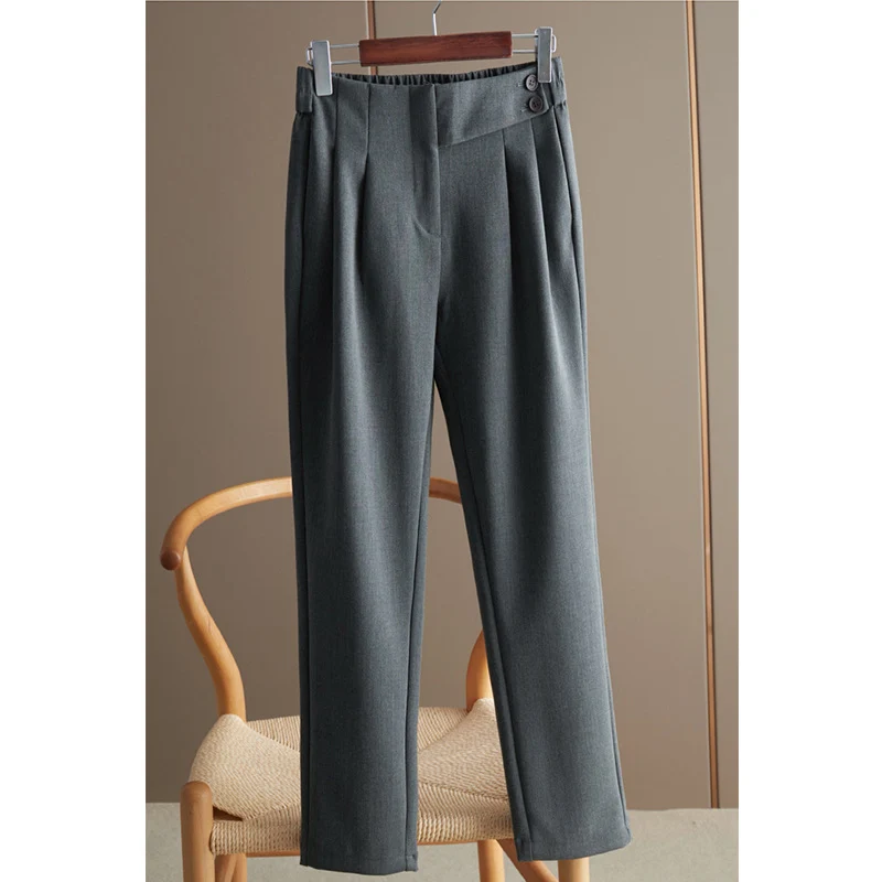 Damen Hochtaillierte Bundfaltenhose mit geradem, leicht tailliertem Bein und Zierknopf Drune