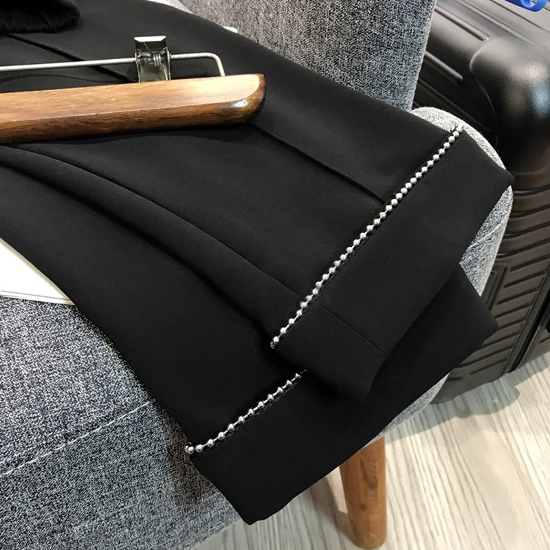 Damen Hochtaillierte Bundfaltenhose mit elastischem Bund und perlenbesetztem Saum Drune
