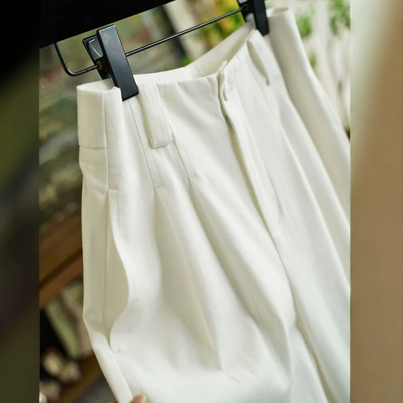 Damen Hochgeschnittene Bundfaltenhose in Leinenoptik mit weitem Bein Drune