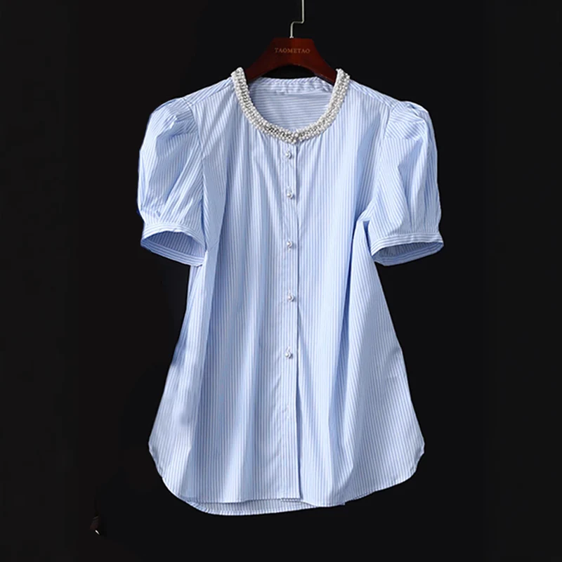 Damen Gestreifte Bluse mit perlenbesetztem Rundhals, verdeckter Knopfleiste und extra langen Manschetten Drune