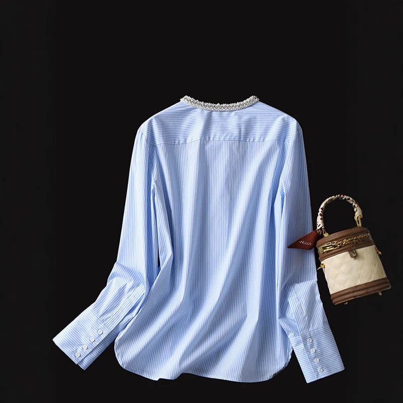 Damen Gestreifte Bluse mit perlenbesetztem Rundhals, verdeckter Knopfleiste und extra langen Manschetten Drune