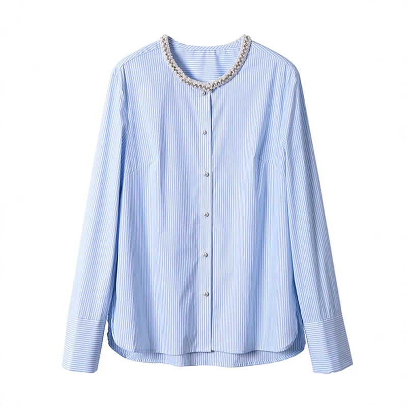 Damen Gestreifte Bluse mit perlenbesetztem Rundhals, verdeckter Knopfleiste und extra langen Manschetten Drune