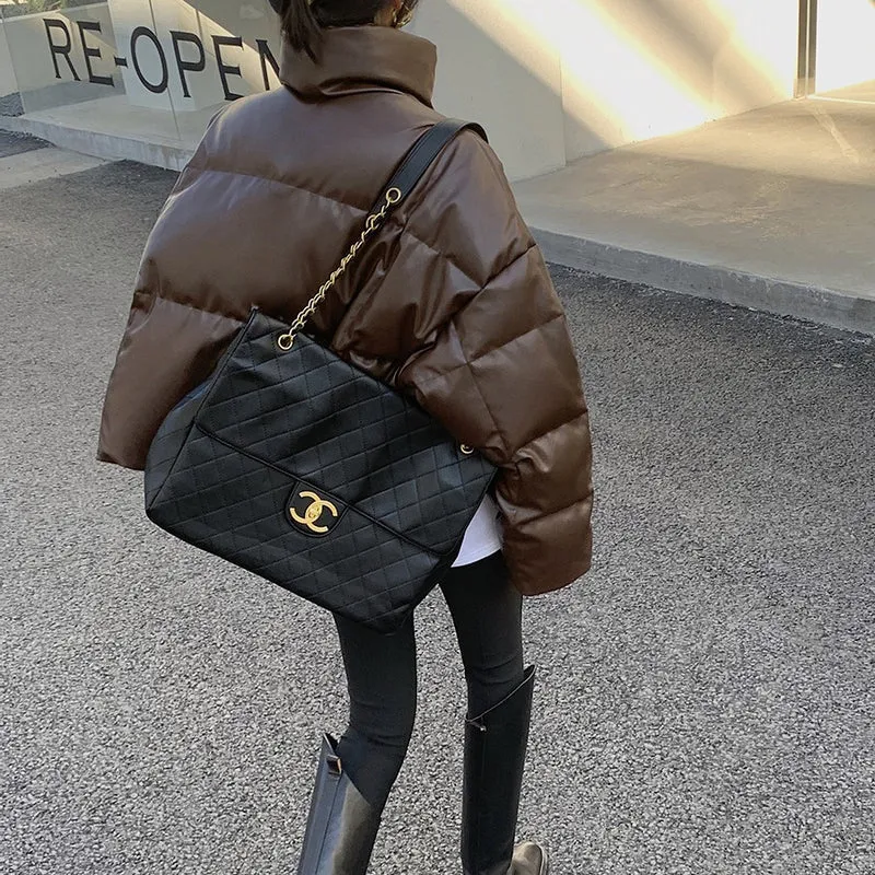 Damen Gepolsterte Kurze Kunstleder-Steppjacke mit Stehkragen Drune