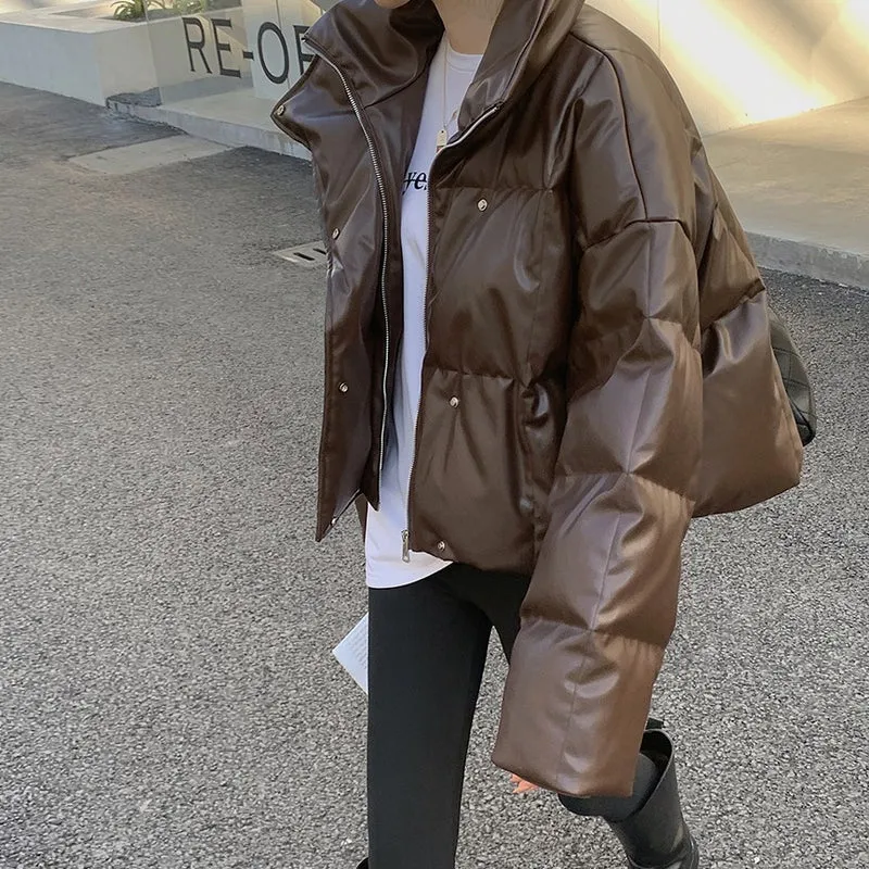 Damen Gepolsterte Kurze Kunstleder-Steppjacke mit Stehkragen Drune