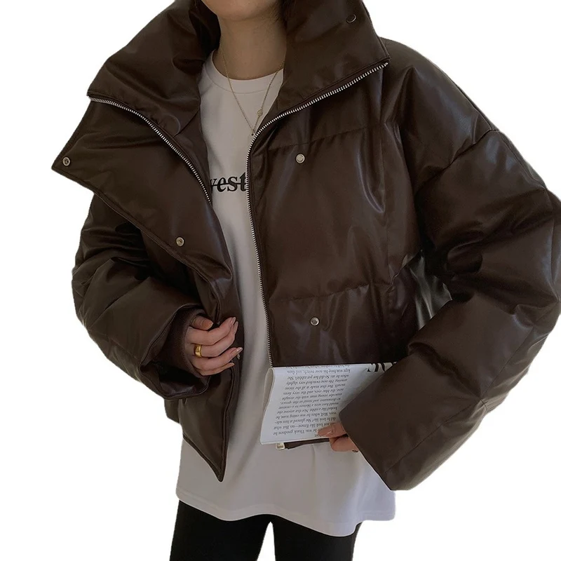 Damen Gepolsterte Kurze Kunstleder-Steppjacke mit Stehkragen Drune