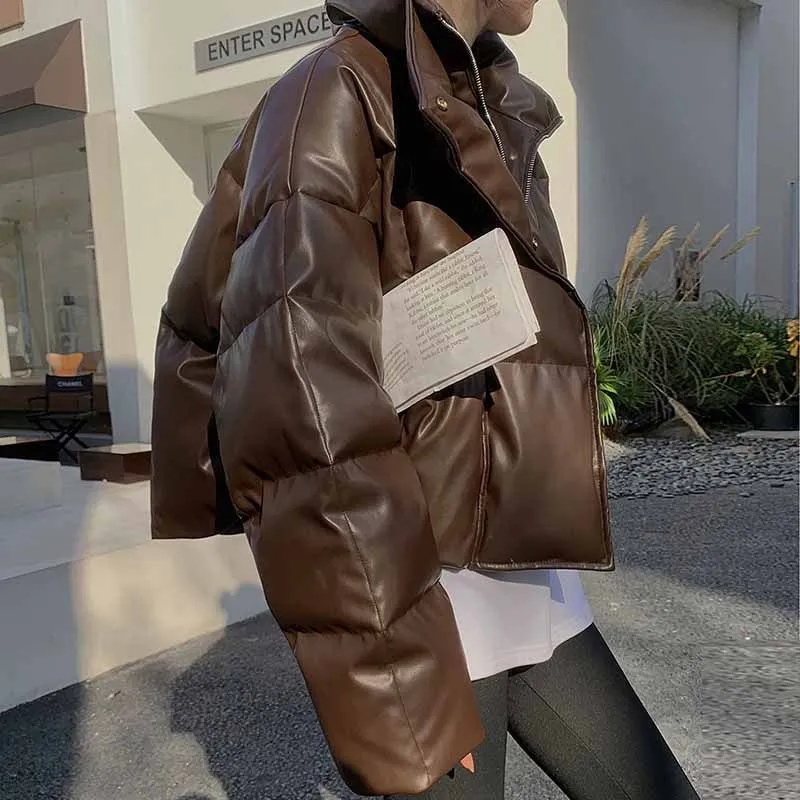 Damen Gepolsterte Kurze Kunstleder-Steppjacke mit Stehkragen Drune