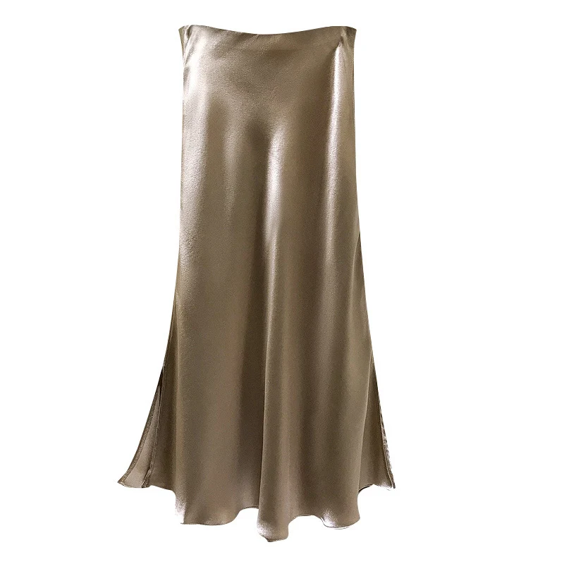 Damen Fließender Satin-Bias-Midirock mit hohem Bund und seitlichen Schlitzen Drune