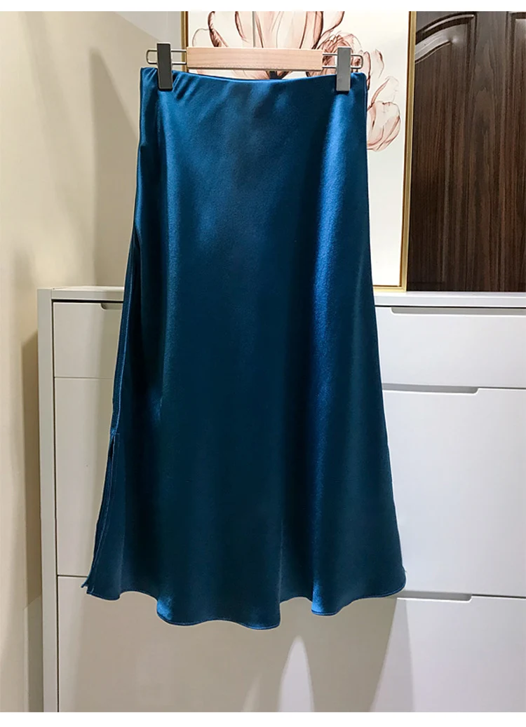 Damen Fließender Satin-Bias-Midirock mit hohem Bund und seitlichen Schlitzen Drune