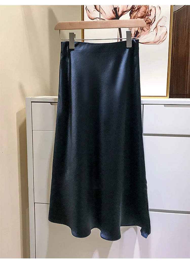 Damen Fließender Satin-Bias-Midirock mit hohem Bund und seitlichen Schlitzen Drune