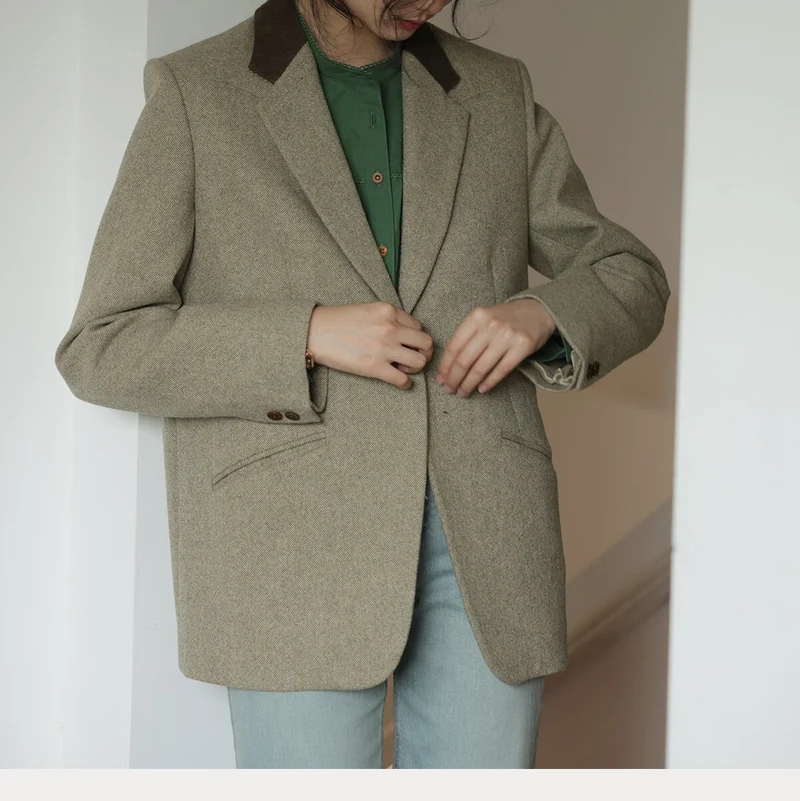 Damen Boxy Wollmix-Blazer mit minimalistischer Ein-Knopf-Optik und Leistentaschen Drune
