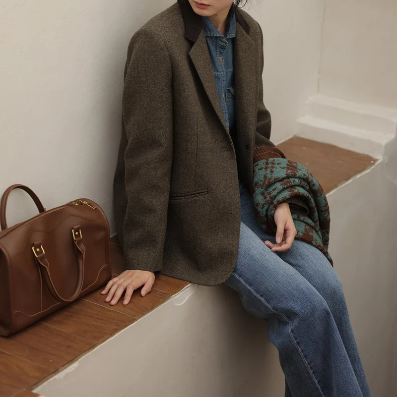 Damen Boxy Wollmix-Blazer mit minimalistischer Ein-Knopf-Optik und Leistentaschen Drune