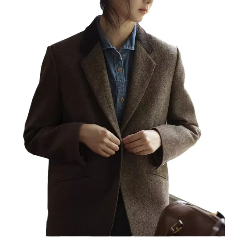 Damen Boxy Wollmix-Blazer mit minimalistischer Ein-Knopf-Optik und Leistentaschen Drune