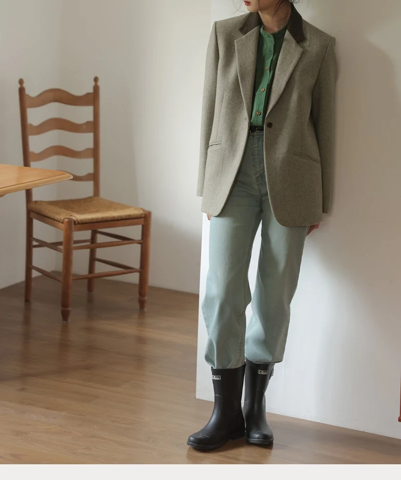 Damen Boxy Wollmix-Blazer mit minimalistischer Ein-Knopf-Optik und Leistentaschen Drune