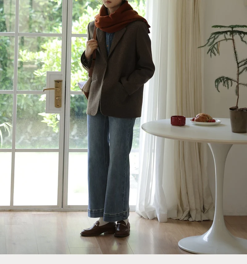 Damen Boxy Wollmix-Blazer mit minimalistischer Ein-Knopf-Optik und Leistentaschen Drune