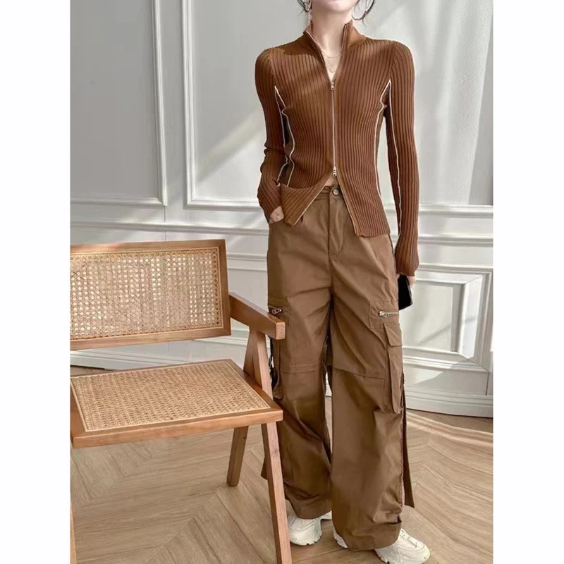 Damen Weite High Waist Cargo‑Hose mit Multipocket‑Design und Zierreißverschlüssen Drune