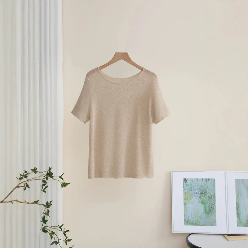 Damen Weiches Feinstrick-T-Shirt mit halbarm, weiter U-Boot-Ausschnitt und feiner Struktur Drune