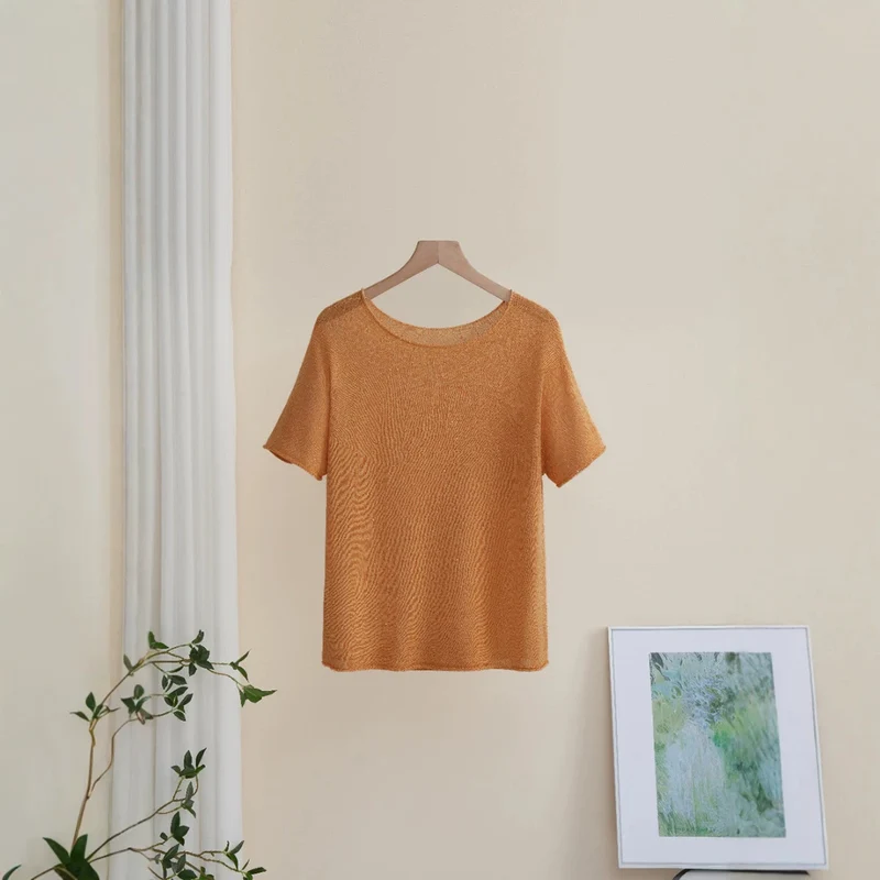 Damen Weiches Feinstrick-T-Shirt mit halbarm, weiter U-Boot-Ausschnitt und feiner Struktur Drune