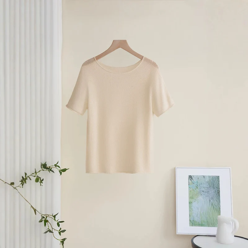 Damen Weiches Feinstrick-T-Shirt mit halbarm, weiter U-Boot-Ausschnitt und feiner Struktur Drune