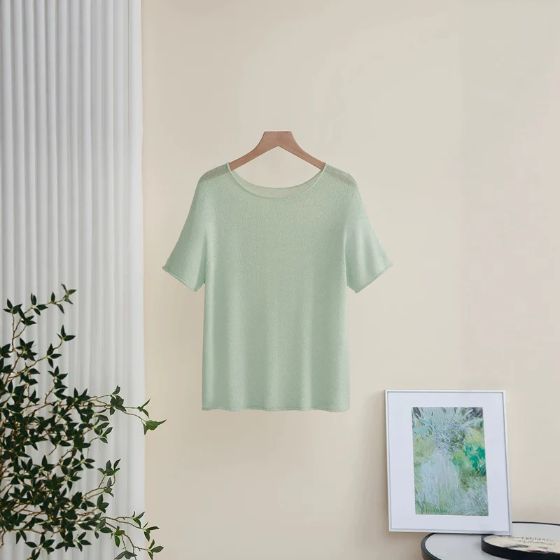 Damen Weiches Feinstrick-T-Shirt mit halbarm, weiter U-Boot-Ausschnitt und feiner Struktur Drune