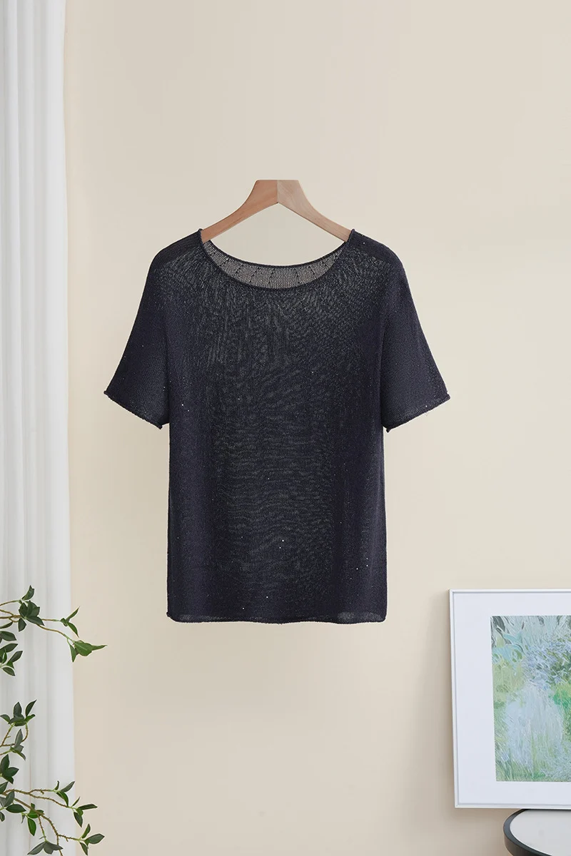 Damen Weiches Feinstrick-T-Shirt mit halbarm, weiter U-Boot-Ausschnitt und feiner Struktur Drune