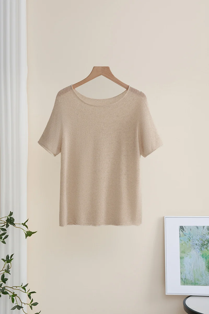 Damen Weiches Feinstrick-T-Shirt mit halbarm, weiter U-Boot-Ausschnitt und feiner Struktur Drune
