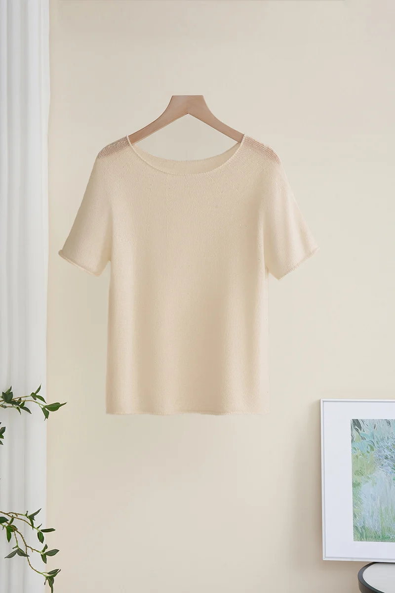 Damen Weiches Feinstrick-T-Shirt mit halbarm, weiter U-Boot-Ausschnitt und feiner Struktur Drune