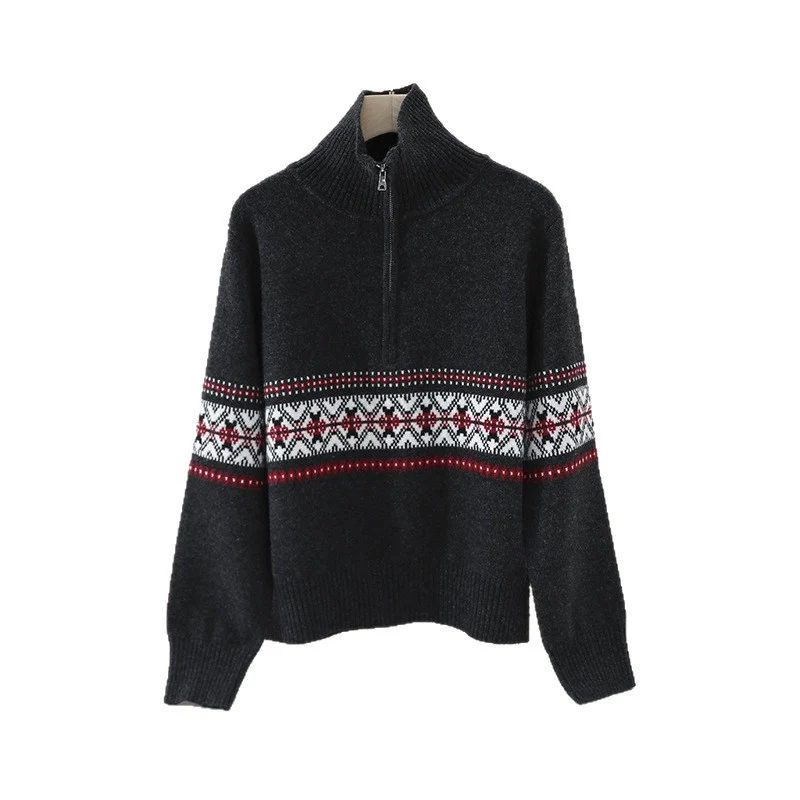 Damen Wärmender Norweger-Strickpullover mit halbem Reißverschluss und hohem Stehkragen Drune