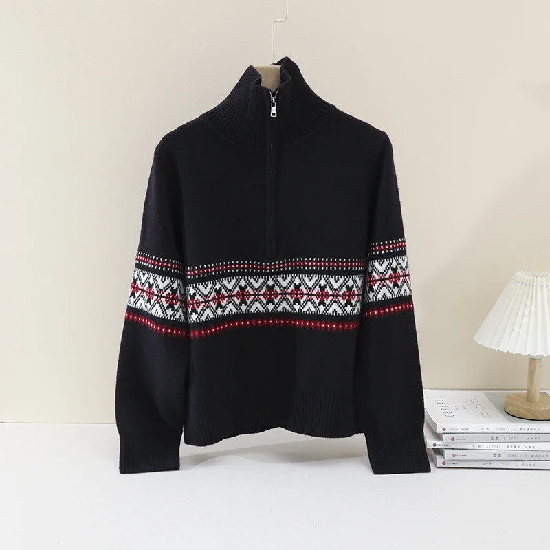 Damen Wärmender Norweger-Strickpullover mit halbem Reißverschluss und hohem Stehkragen Drune