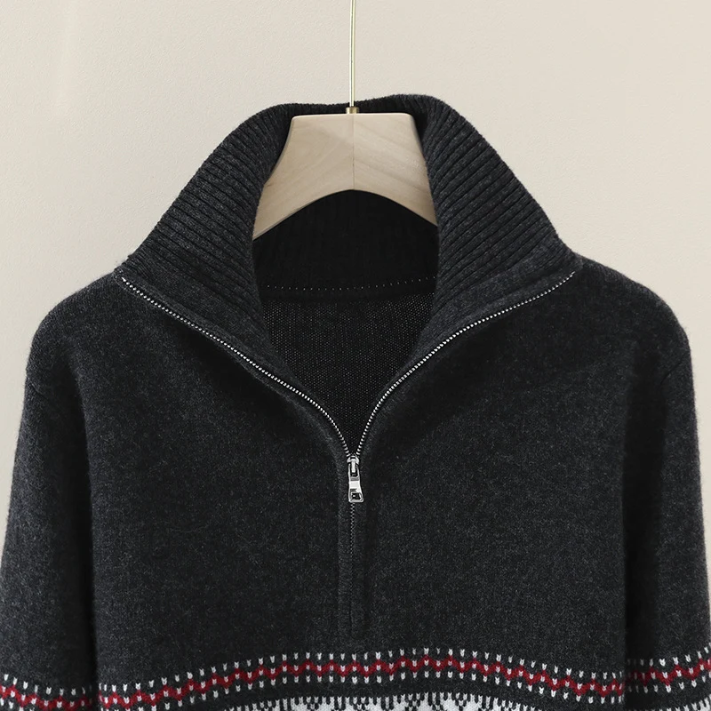 Damen Wärmender Norweger-Strickpullover mit halbem Reißverschluss und hohem Stehkragen Drune