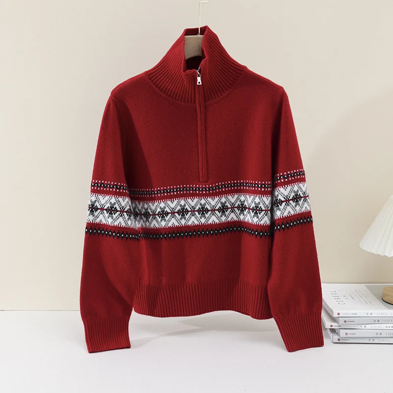 Damen Wärmender Norweger-Strickpullover mit halbem Reißverschluss und hohem Stehkragen Drune