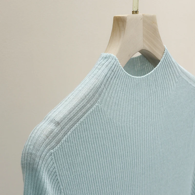 Damen Slim-Fit Rippstrick-Top mit halblangen Ärmeln und hohem Stehkragen Drune