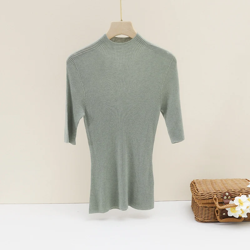 Damen Slim-Fit Rippstrick-Top mit halblangen Ärmeln und hohem Stehkragen Drune