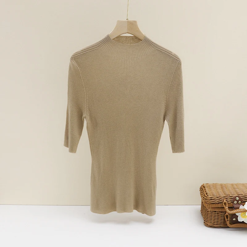 Damen Slim-Fit Rippstrick-Top mit halblangen Ärmeln und hohem Stehkragen Drune